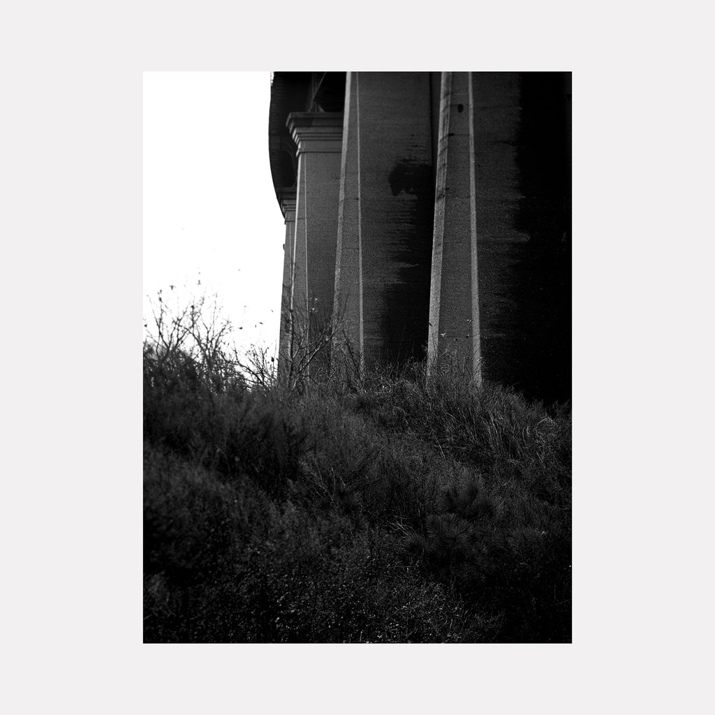 The artwork 'Underneath Hells Gate - Series-1' by Garrett Carroll captures a stark black and white photograph of massive concrete bridge pillars rising from wild undergrowth. The dramatic low-angle perspective emphasizes the industrial architecture against textured vegetation, creating a moody contrast between nature and infrastructure. Dimensions: 32x24 inches. By Garrett Carroll.