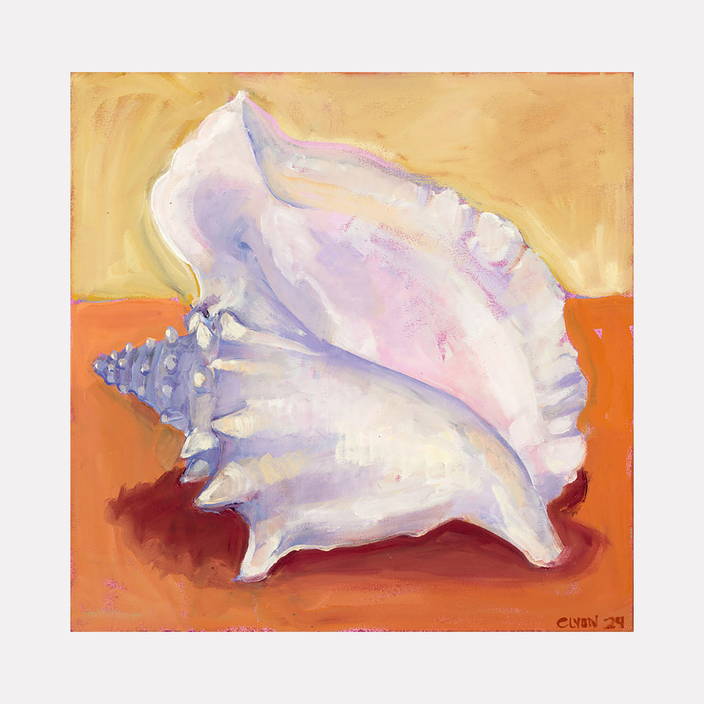 The artwork 'Conch' by Cristi Lyon features a luminous white seashell against a warm orange and golden background. The shell is rendered in delicate shades of white and lavender, with subtle purple undertones and intricate spiral details. Oil painting on canvas captures the shell's pearlescent texture and natural curves with masterful brushwork and light play.