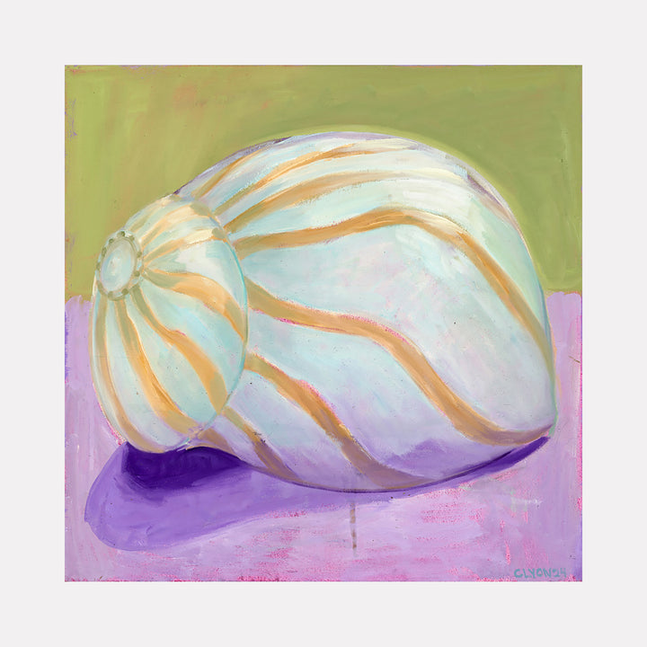 The artwork 'Striped Shell' depicts a luminous seashell with elegant orange and white spiral stripes against a pastel background of olive green and lavender. The oil painting captures the shell's pearlescent surface and natural curves, rendered in a contemporary impressionist style on canvas by Cristi Lyon.