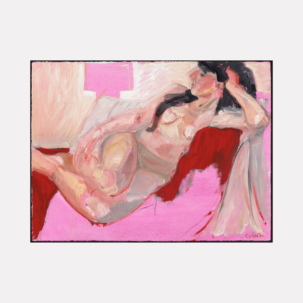 The artwork 'Lisa's Chaise' features an abstract composition in vibrant pink and red tones against a soft peach background. Bold brushstrokes create fluid forms and dynamic movement across the oil paper. The piece showcases expressive contemporary style with layered paint application and striking color contrasts. Dimensions 22x30 inches. By Cristi Lyon.