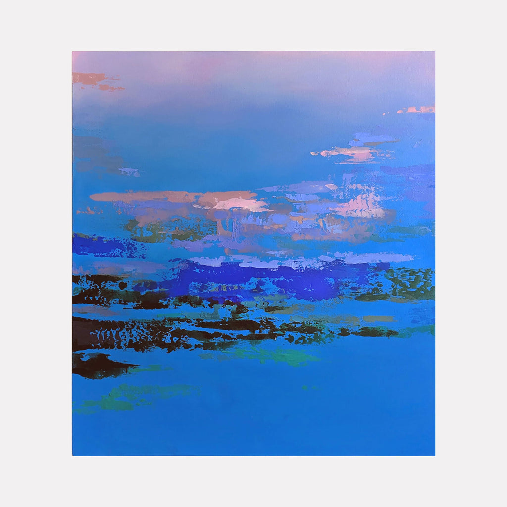 The artwork 'Untitled' by Sofia Echa features an abstract seascape rendered in vibrant blues and soft pink hues. Bold brushstrokes create layers of deep cobalt and turquoise waters beneath a dreamy twilight sky. Textured acrylic application suggests ethereal clouds and reflective ocean surfaces, measuring 58x52 inches on canvas. By Sofia Echa