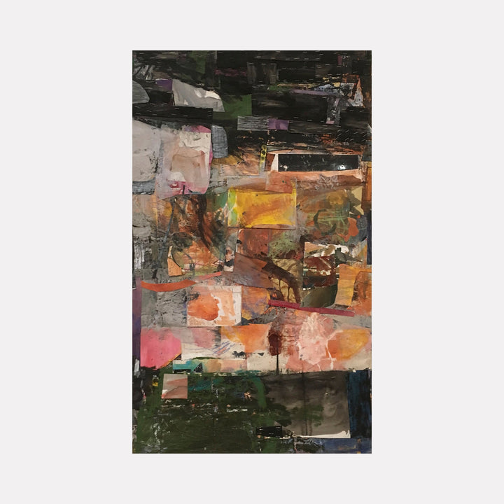 The artwork 'Untitled' by Christopher Blyth features an abstract composition of layered geometric shapes in warm earth tones. The encaustic painting combines rich oranges, pinks, and deep greens with textural elements, creating a collage-like effect. Dark moody sections contrast with vibrant yellow and coral patches, while mixed media elements add depth and dimension.