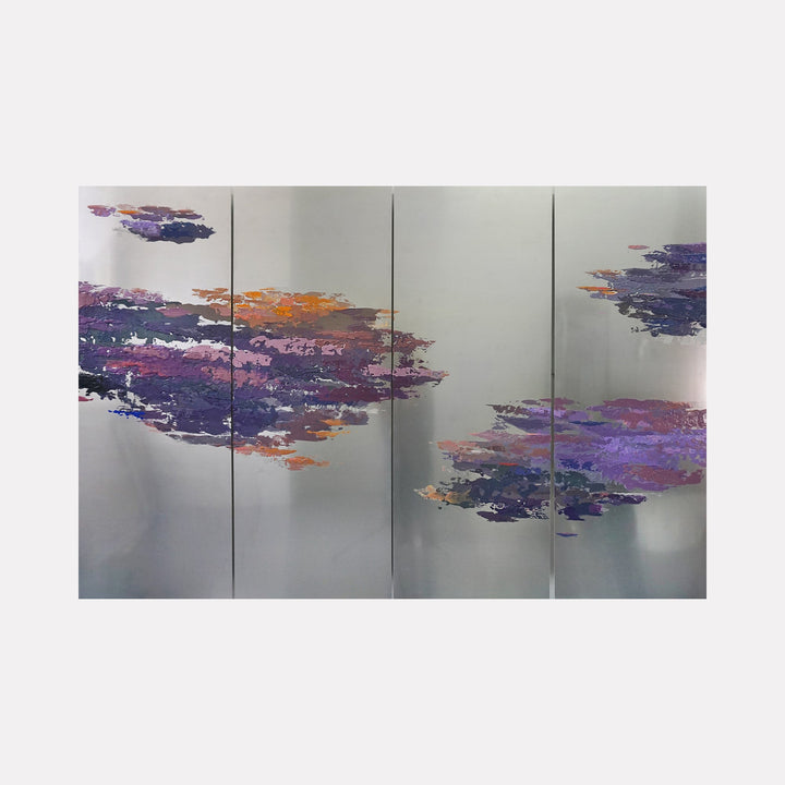 The artwork 'Untitled' by Sofia Echa features abstract cloud-like formations in vibrant purple, orange, and navy blue brushstrokes against a metallic aluminum background. The painterly gestures float across four panels, creating a dynamic movement from left to right, showcasing expressive acrylic techniques on a 48x72 inch aluminum surface.