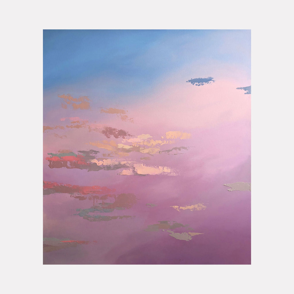 The artwork 'Untitled' by Sofia Echa features a dreamy sky composition with blended pastel hues of pink, purple, and blue. Ethereal clouds drift across the canvas in soft peach and silver tones, creating a serene atmospheric effect. The abstract landscape showcases sophisticated color transitions and layered brushwork in acrylic on canvas. - Sofia Echa