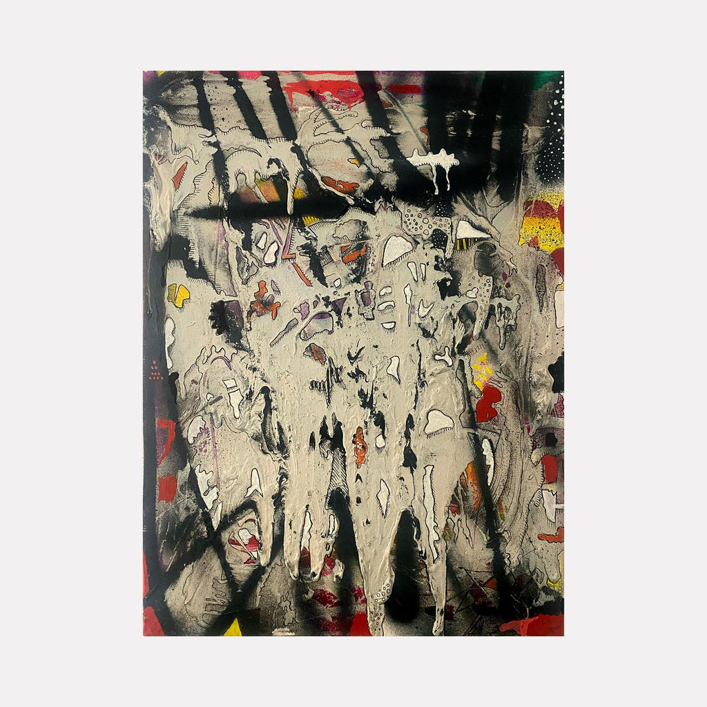 The artwork 'Vampire has Plaque has Buildup' by Devin Ruiz features abstract expressionist strokes in black, white, and gray with splashes of red and yellow. Dynamic drip patterns create a chaotic, textured surface resembling organic forms against a pale background. Bold gestural marks and layered paint techniques convey raw energy and movement across the acrylic canvas.