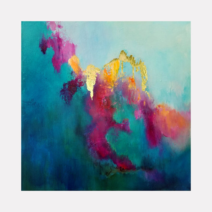 The artwork 'Veil of Light' by Janyce Erlich-Moss features vibrant abstract brushstrokes in magenta, gold, and orange dancing across a deep turquoise and teal background. The composition suggests an ethereal aurora with dynamic color movement, painted in acrylic on canvas with expressive techniques creating a dreamlike atmospheric effect.