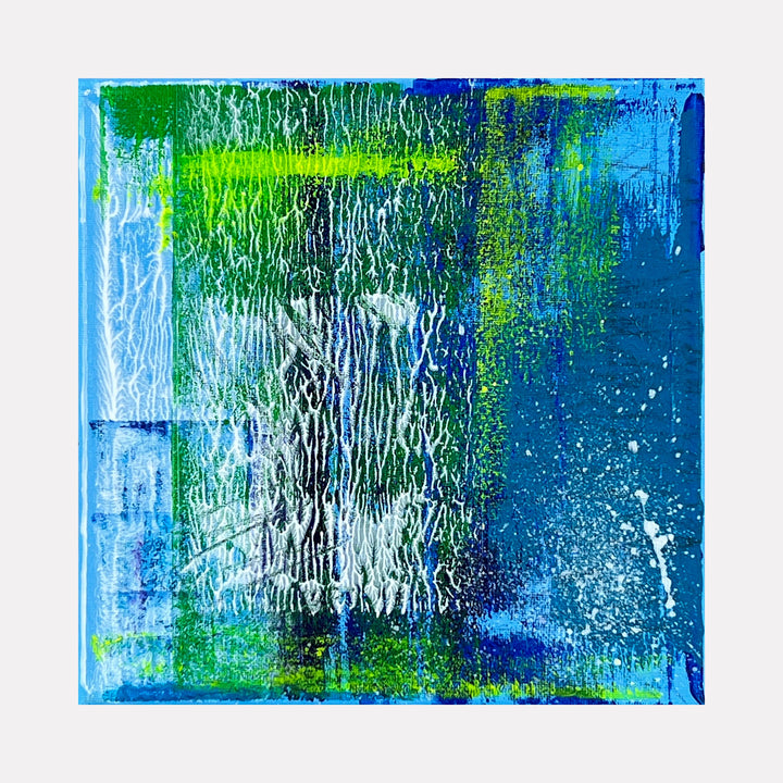 The artwork 'Voyage 10' by Bill Burns features dynamic vertical drips and streaks in vibrant turquoise blue and emerald green, creating a textural abstract composition reminiscent of rainfall on glass. The 8x8 inch acrylic painting blends cool water-inspired tones with splatter effects and translucent layering techniques. Artwork by Bill Burns.