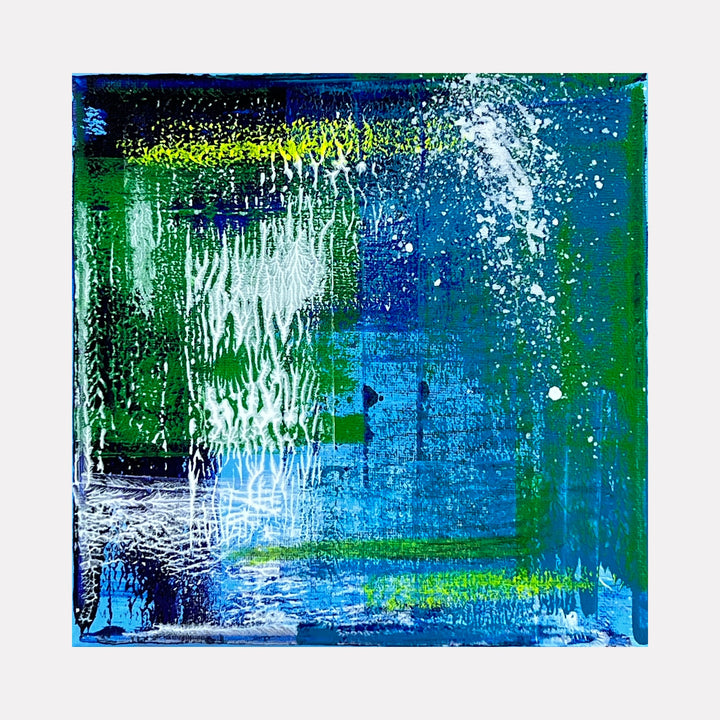 The artwork 'Voyage 11' by Bill Burns features a vibrant abstract composition with dynamic blue and green hues, creating an underwater-like atmosphere. White splashes and textural elements suggest movement and depth, while yellow accents add luminous highlights. The acrylic on canvas painting combines fluid brushstrokes and expressive techniques in an 8x8 inch format.