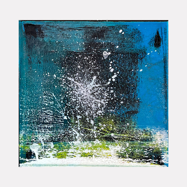 The artwork 'Voyage 1' by Bill Burns features a dynamic abstract composition with a striking splash pattern in white against a deep turquoise background. Textured acrylic brushstrokes create a sense of movement, with bright lime green accents along the horizon. The 8x8 canvas captures an explosive burst of paint resembling a cosmic or oceanic splash, blending atmospheric blues with energetic splatters.