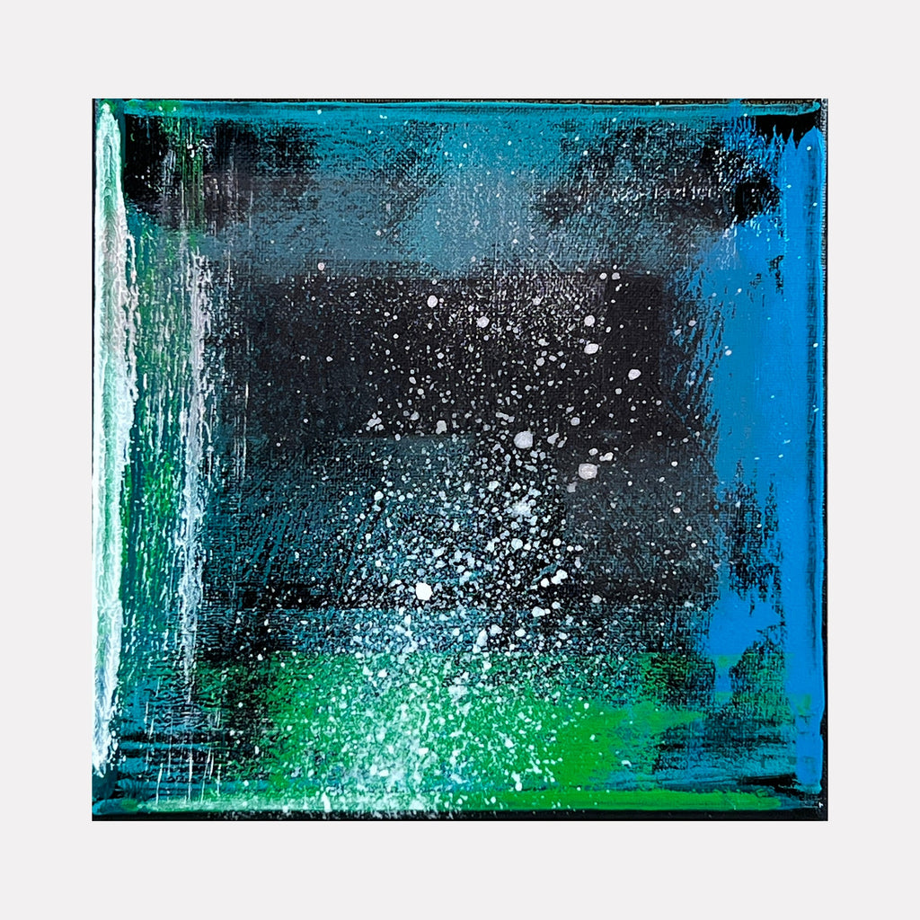 The artwork 'Voyage 4' by Bill Burns features a dynamic abstract composition with splattered white dots against a dark cosmic background. Vibrant turquoise and emerald green hues blend with deep azure blue, creating an ethereal atmospheric effect. The textured acrylic paint on 8x8 canvas suggests a celestial nightscape or underwater scene with scattered light particles.