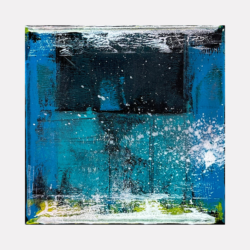 The artwork 'Voyage 6' by Bill Burns features a striking abstract composition with deep turquoise and cerulean blues dominating the canvas. White splatter effects create dynamic movement across the bottom, while a dark rectangular void anchors the top portion. The textured acrylic paint application suggests oceanic depths and atmospheric elements on an 8x8 inch canvas.