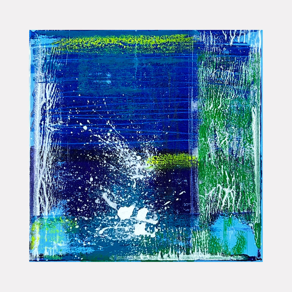 The artwork 'Voyage 7' by Bill Burns features a dynamic abstract composition with vibrant splashes of white against a deep blue background, accented with verdant green elements. The textured acrylic surface creates a sense of movement, suggesting water or celestial elements, with contrasting horizontal and vertical strokes on an 8x8 canvas.