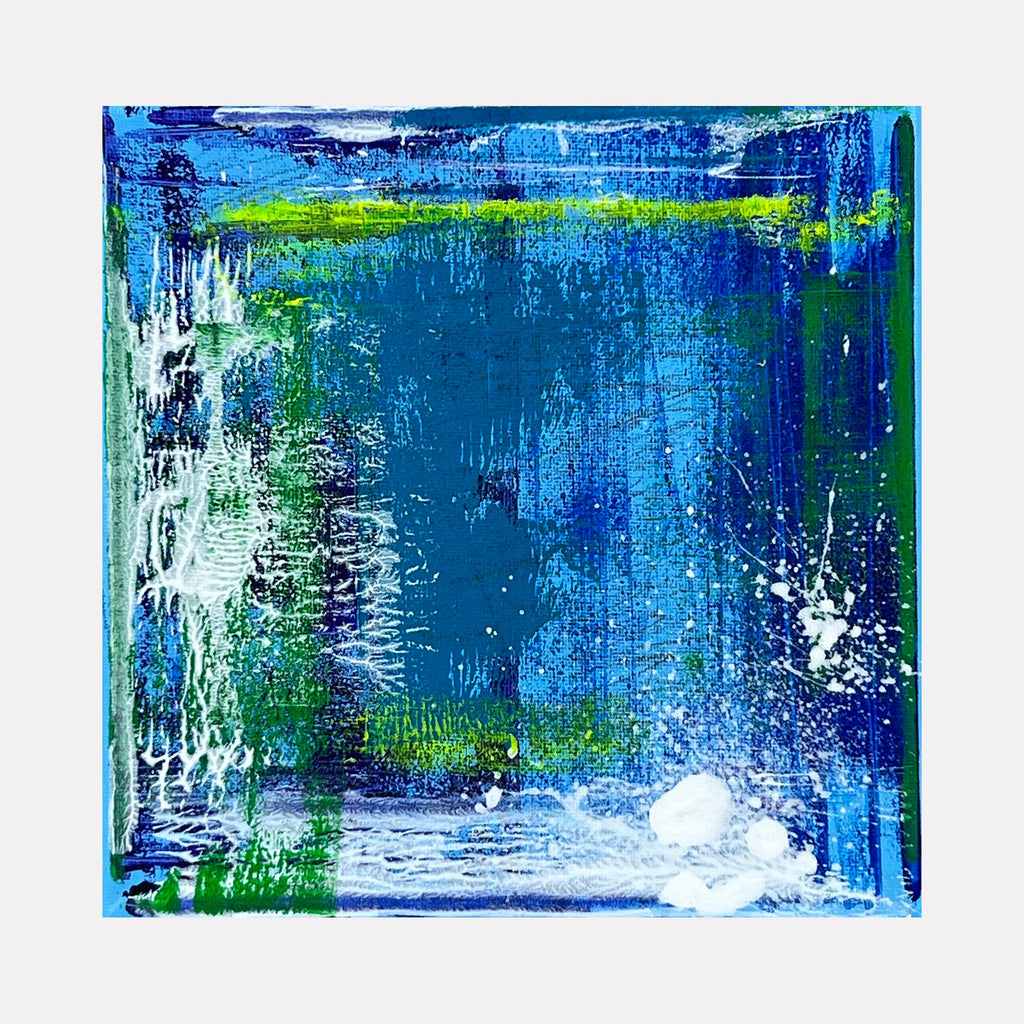 The artwork 'Voyage 8' by Bill Burns features dynamic abstract expressionism with vibrant layers of deep ocean blues, energetic splashes of white, and bold accents of lime green. The 8x8 acrylic painting creates a sense of underwater movement through textured brushstrokes and dripping techniques, evoking a maritime journey through turbulent waters.