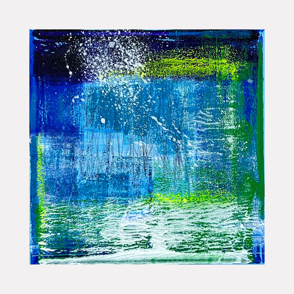 The artwork 'Voyage 9' by Bill Burns features a vibrant abstract composition dominated by deep ocean blues and luminous green accents. Textured brushstrokes create a dynamic seascape effect with white splatter details suggesting sea spray or starlight, while layered acrylics on canvas produce a mesmerizing depth. The 8x8 painting evokes an underwater dreamscape.