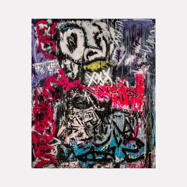 The artwork 'Walkin' The Dog' by Jordan Barker features vibrant street art-inspired abstract composition with bold graffiti elements in black, red, and turquoise against a textured canvas. Dynamic brushstrokes and dripping paint effects create an urban, energetic atmosphere, combining acrylic and mixed media techniques on a large-scale 60x72-inch canvas.