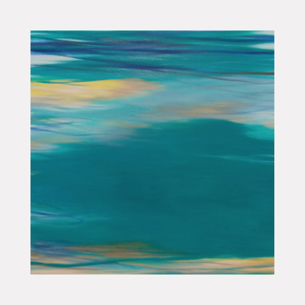 The artwork 'Waves #83' by Bob Melzmuf features flowing horizontal brushstrokes in vibrant turquoise and teal, accented with golden yellow highlights. The abstract seascape composition creates a serene oceanic effect through blended oil paints on canvas, capturing the fluid movement and tranquil nature of ocean waves. 50x50 inches oil painting by Bob Melzmuf.