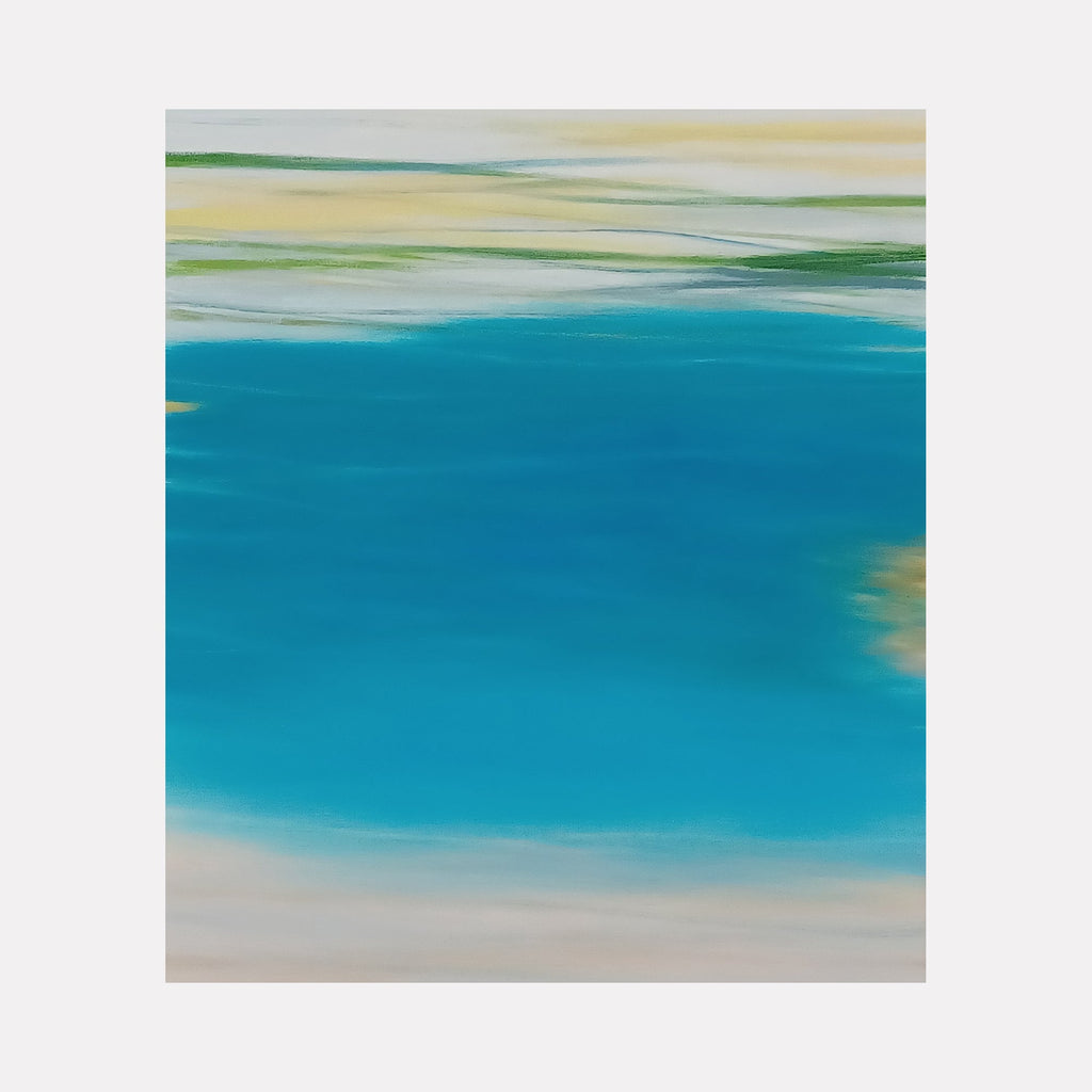 The artwork 'Waves #92' by Bob Melzmuf features a serene abstract seascape with fluid horizontal brushstrokes in vibrant turquoise blue dominating the center, transitioning to soft cream and sage green hues at the edges, creating a tranquil coastal atmosphere on oil canvas, 46x40 inches.