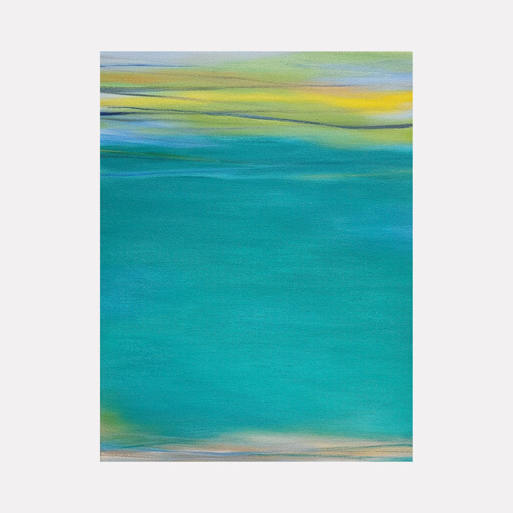 The artwork 'Waves #98' by Bob Melzmuf features a serene abstract seascape with layered horizontal brushstrokes. A dominant turquoise expanse fills the center, while soft yellows, greens, and pale blues blend at the horizons. The oil on canvas painting captures the tranquil motion of ocean waves through smooth color transitions and ethereal textures.