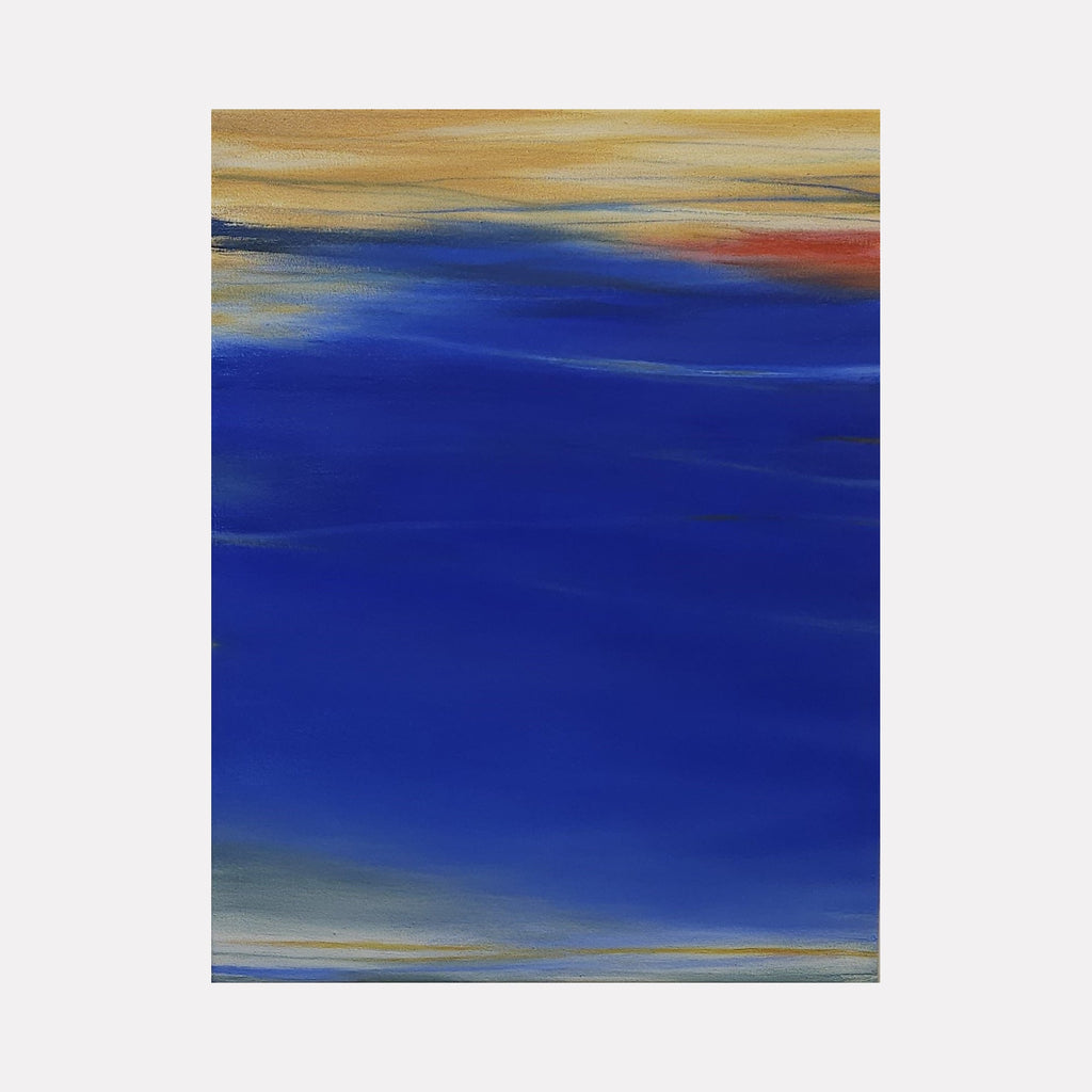 The artwork 'Waves #99' by Bob Melzmuf features a striking abstract seascape with deep cobalt blue waters dominating the center, framed by golden sandy tones and subtle coral hues at the horizon. The oil painting captures fluid brushstrokes creating a serene oceanic atmosphere with seamless color transitions and ethereal texture. Oil on canvas, 28x22 inches, by Bob Melzmuf.