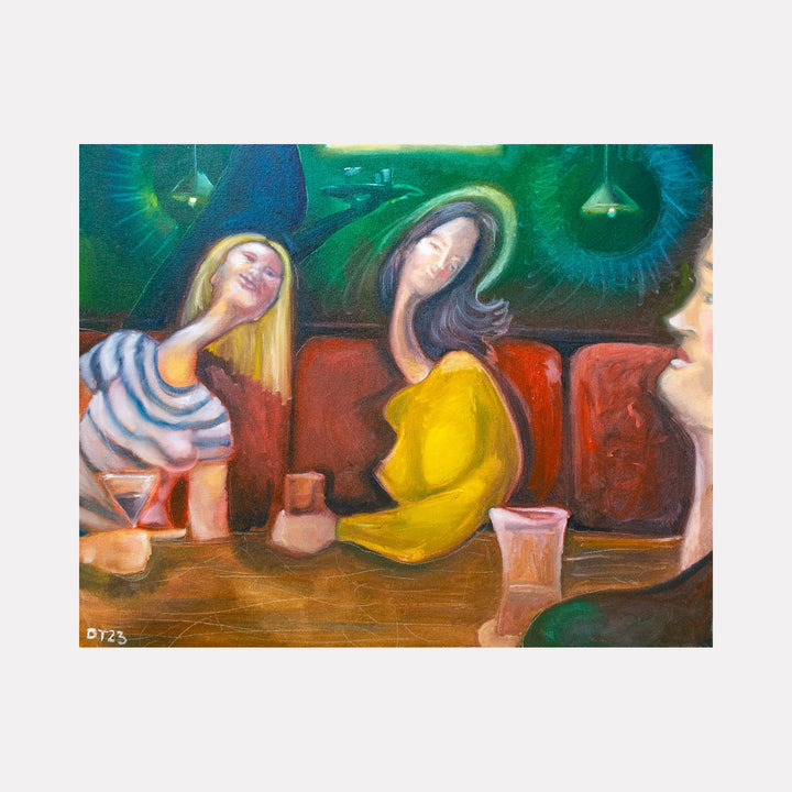 When Women Talk by Dara Theodora: Abstract oil painting with vibrant green lighting, red seating, and martini glasses on wooden table