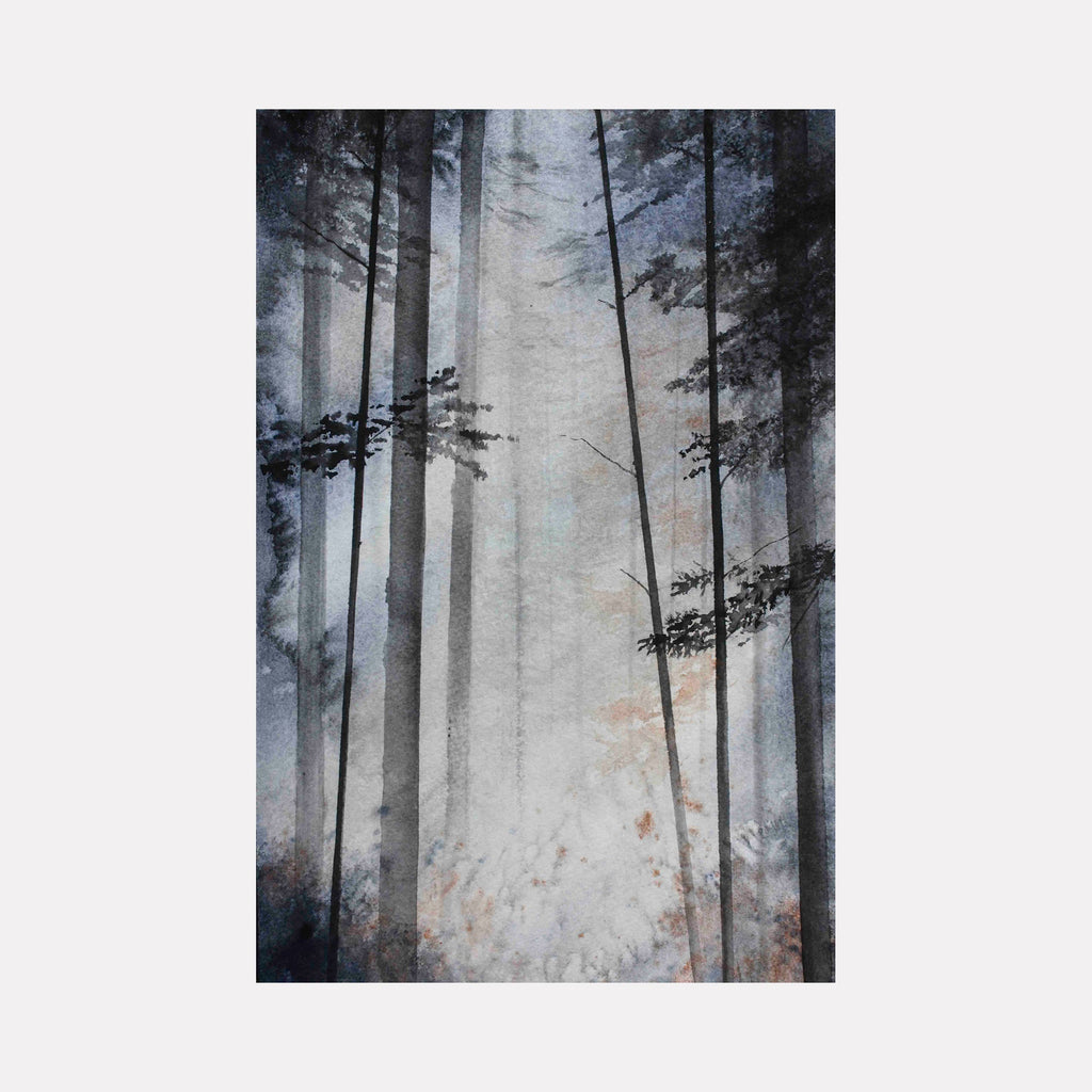 Whispers of the Canopy: Misty forest watercolor with tall trees silhouetted against ethereal light and delicate foliage by Catherine Lencke