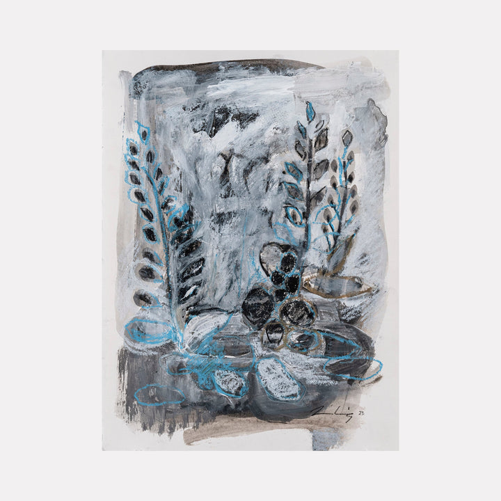 The artwork 'Wild' by AnkI King features abstract botanical elements in moody grays and vibrant turquoise blue. Gestural brushstrokes depict elongated leaf forms and delicate stems emerging from swirling circular shapes at the base. The mixed media composition on paper combines fluid watercolor textures with expressive charcoal marks in a contemporary style.