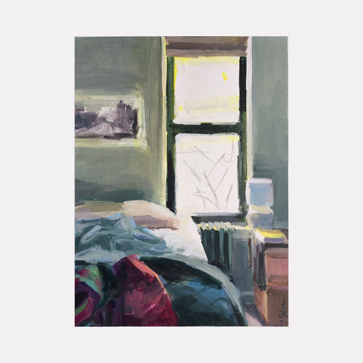 The artwork 'Winter Bedroom' by Janet L. Pedersen depicts a cozy interior scene with a frost-covered window casting soft light into a quiet bedroom. Loose brushstrokes in muted sage green walls contrast with deep blue and burgundy bedding. The impressionistic acrylic painting captures morning light through a divided window pane, creating a peaceful winter atmosphere.