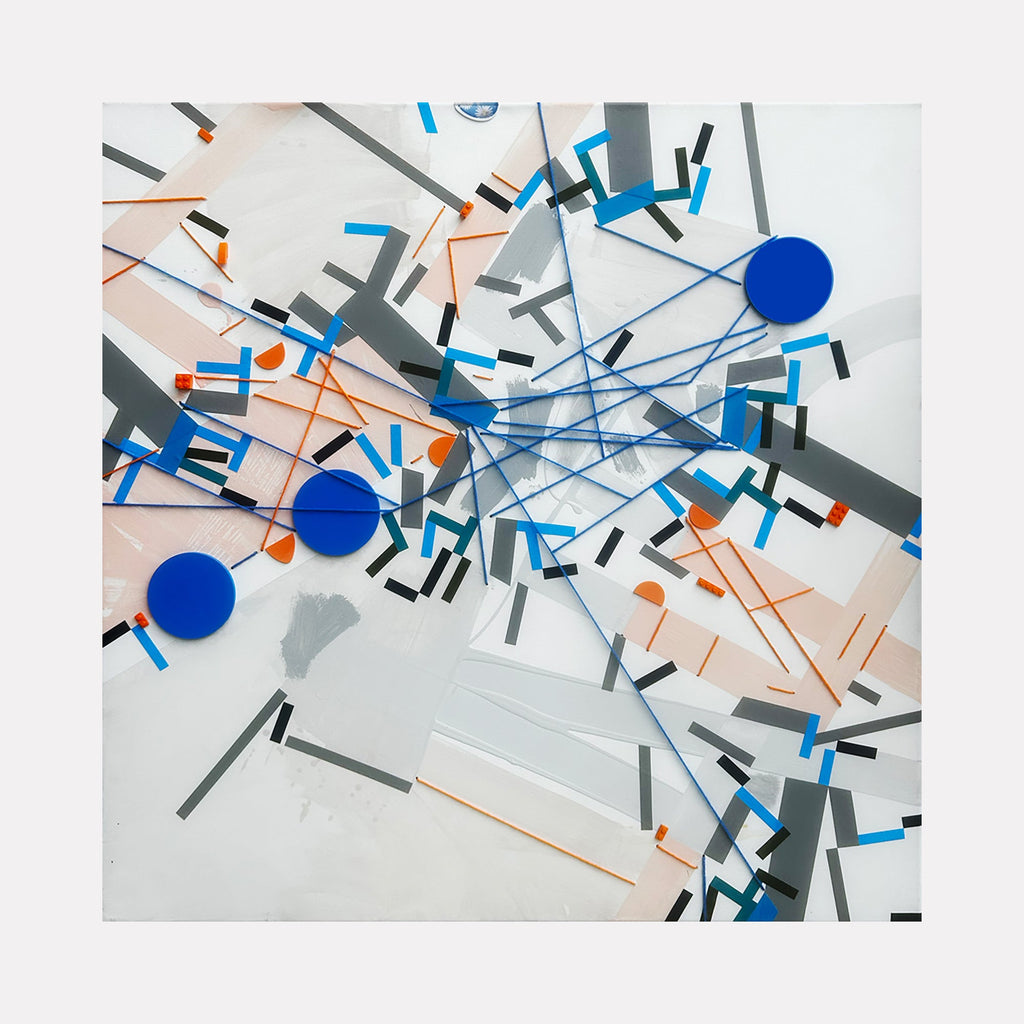 The artwork 'Yunnzeroo' by Philippe Halaburda features an abstract geometric composition with vibrant blue circular elements intersecting with dynamic black, gray, and coral-colored lines and rectangles. The mixed media piece creates a sense of movement through scattered angular shapes against a light gray background, measuring 36 x 36 inches by Philippe Halaburda.