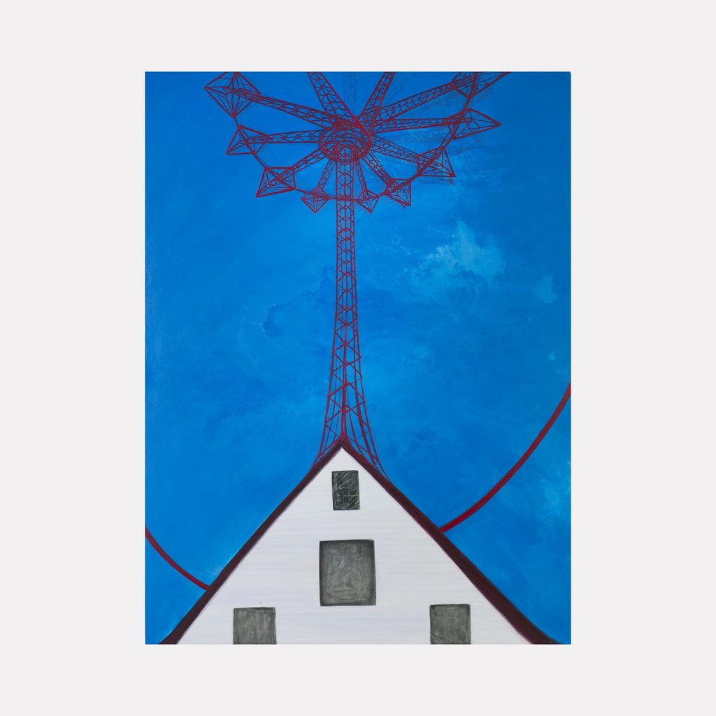 The artwork 'Home' by Sandra Mack-Valencia features a striking geometric composition with a red industrial tower structure rising from a white triangular house form against a vibrant blue sky. The tower has a snowflake-like pattern at its top, with angular metallic beams forming a radial design. The minimalist house facade includes three dark square windows. Acrylic on wood panel, 48x36 inches.