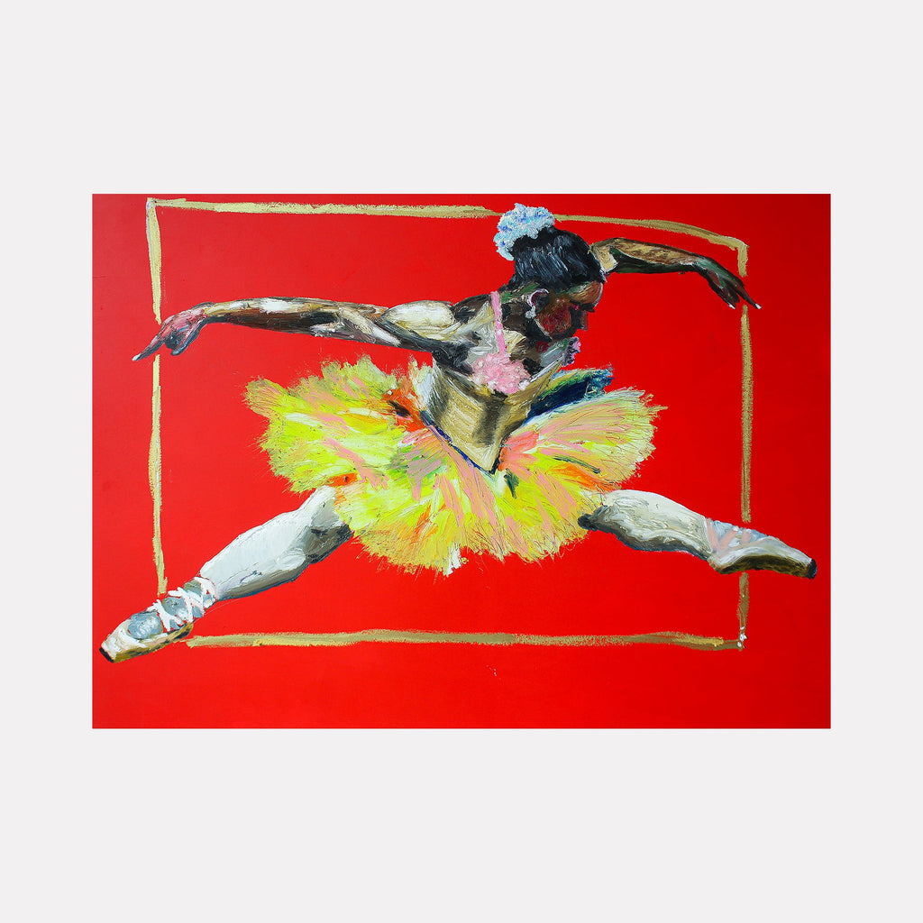 The artwork 'Jump' by Brandon Gastinell depicts a graceful dancer in motion against a vibrant red background. A luminous yellow tutu creates a striking burst of color, framed by a golden border. The oil pastel on canvas technique creates bold, dynamic strokes capturing the fluidity of dance movement. The 36x48 inch piece showcases expressive brushwork and dramatic contrast.