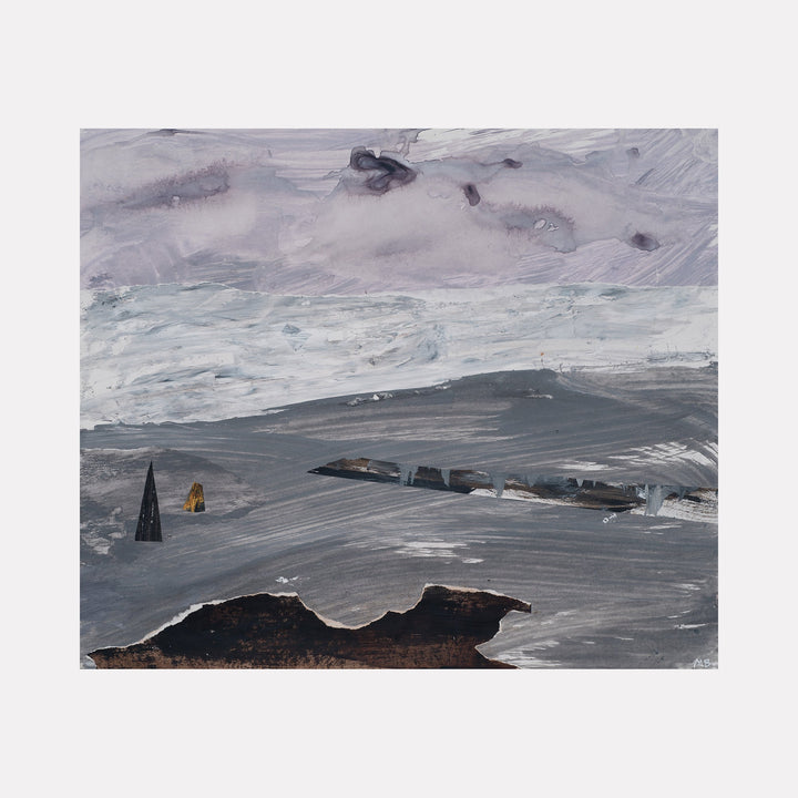 The artwork 'Landing' by Marianne Barcellona features a moody abstract landscape with stormy grey skies and undulating terrain. Dark triangular forms punctuate a misty horizon, while textured brushstrokes in silver, slate, and charcoal create a dramatic atmospheric effect. Mixed media collage elements add depth to this contemporary composition.