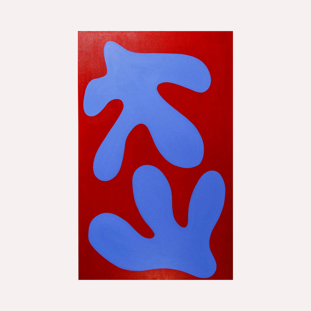 The artwork 'FERN II' by Shadia Sabagh features bold organic shapes in vibrant blue against a deep red background. Abstract fern-like forms create a striking contrast, painted in acrylic on canvas with clean edges and minimalist composition, measuring 30 x 48 inches.