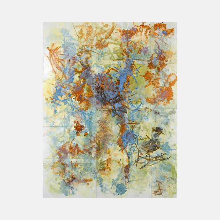 The artwork 'A Whisper Can Be as Loud as a Scream' by Lisa Petker Mintz features an abstract composition with dynamic brushstrokes in blues, oranges, and yellows. The painting showcases a delicate interplay of ethereal watercolor-like effects and bold gestural marks, creating a dreamlike atmosphere on canvas through acrylic medium - by Lisa Petker Mintz.