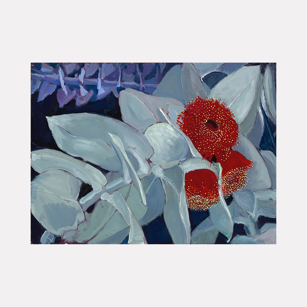 The artwork 'Bone' by Cristi Lyon depicts a vibrant oil painting of light blue-gray leaves or petals surrounding bold red circular forms with textured, dotted details. The composition features dramatic contrasts between cool and warm tones, with deep navy backgrounds and delicate brushwork creating a contemporary botanical study in oil on paper.