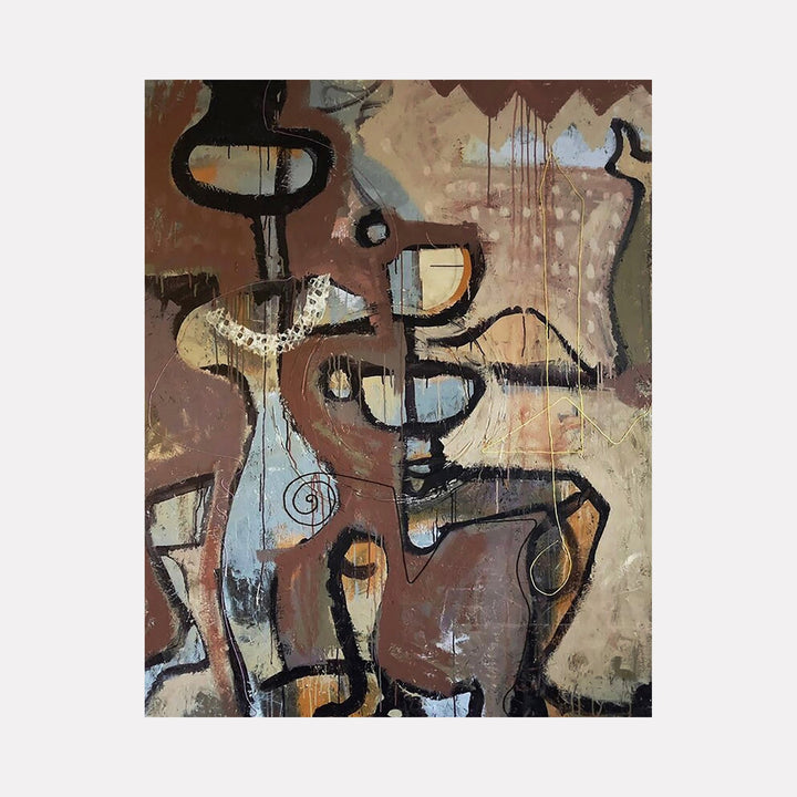 The artwork 'Commune Series' by Jose Johann Bitancor features abstract geometric shapes in earth tones, with bold black curvilinear forms weaving through muted browns and pale blues. Dripping paint effects and textural elements create depth on the wooden surface, while angular and organic forms interlock in a modernist composition. Mixed media painting, 48x60 inches - Jose Johann Bitancor