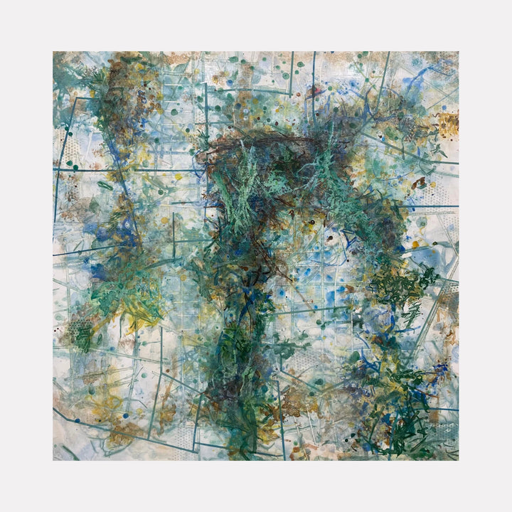 The artwork 'The Cross We Bear' by Lisa Petker Mintz features an abstract composition with dynamic brushstrokes in vibrant teals, blues, and earthy golds. The 48x48 inch acrylic painting on board showcases a grid-like structure overlaid with expressive splatters and organic forms, creating a sense of depth and movement through layered textures and spontaneous mark-making by Lisa Petker Mintz.