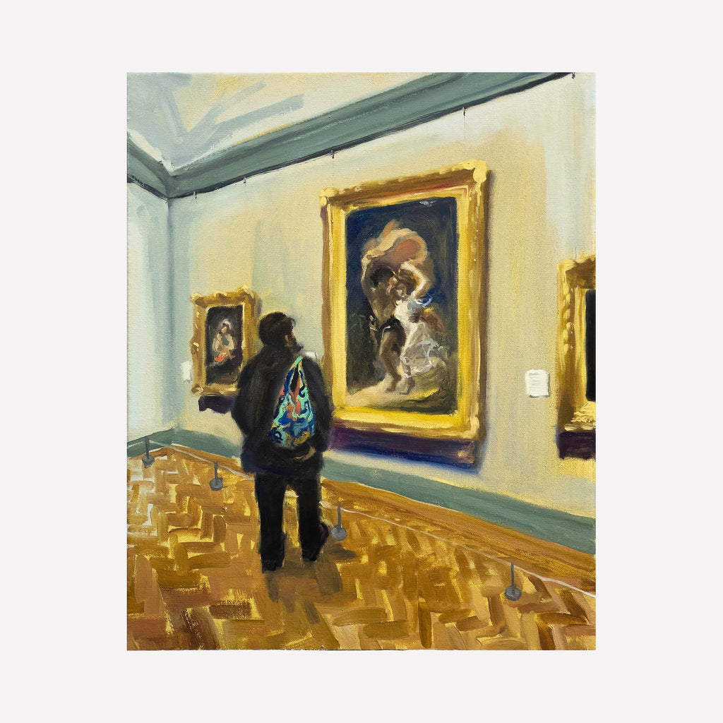 The artwork 'dave walking around with a hard drive in my baggu' by Jillian Shea depicts a museum visitor in dark clothing with a colorful backpack observing classical paintings in ornate gold frames. The scene features a herringbone wooden floor, mint-green walls, and a contemplative atmosphere. Oil on canvas painting captures the quiet museum experience with rich, loose brushstrokes.