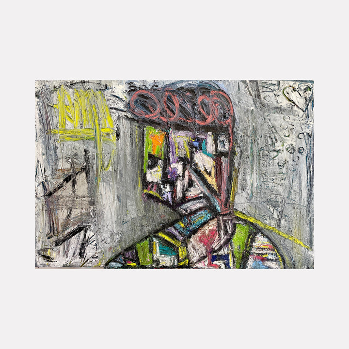 The artwork 'Day Trippin' by Jordan Barker features an abstract expressionist portrait rendered in bold, gestural strokes. A figure emerges from a gray background, depicted with vibrant yellows, reds, and greens in a neo-expressionist style. The mixed media painting combines oil paint with textural elements, creating a raw, emotional piece with graffiti-like elements and geometric shapes. By Jordan Barker.