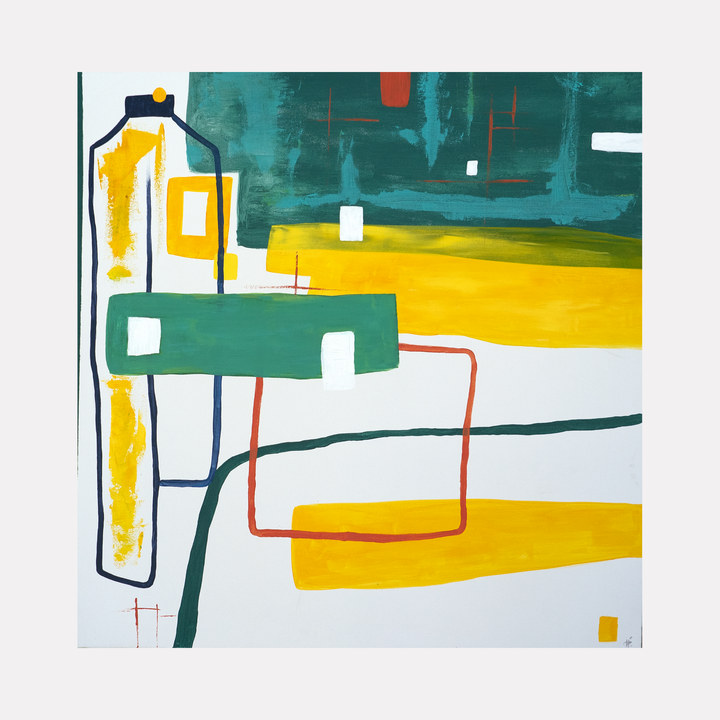 The artwork 'Dinner Table' by Hazal Ozturk features abstract geometric shapes in bold yellow, green, and white. A distinctive vertical white form with yellow accents dominates the left side, while horizontal bands of color create depth and movement. Painted in acrylic on canvas with clean lines and minimalist composition.