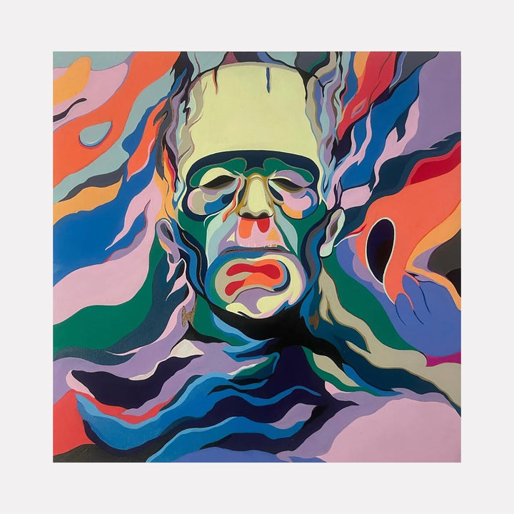 The artwork 'Frankenstein' by Ellannah Sadkin features a vibrant pop art interpretation of the iconic monster in swirling, psychedelic colors. Abstract waves of coral, blue, pink, and green create a dynamic background, while the character's distinctive green complexion and stern expression are rendered in a bold, contemporary style using acrylic on canvas.