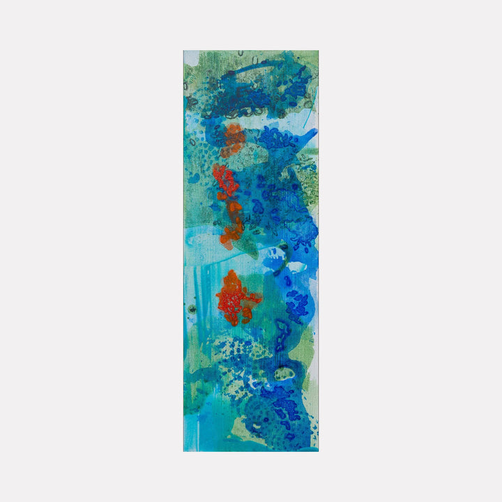 The artwork 'Green Ribbons 1' by Lisa Petker Mintz features dynamic swirls of vibrant turquoise and cobalt blue, accented with bursts of orange-red detail. The acrylic painting on canvas creates a flowing, vertical composition reminiscent of underwater currents or abstract floral elements, with layered textures and translucent effects across its 18x6 inch surface.