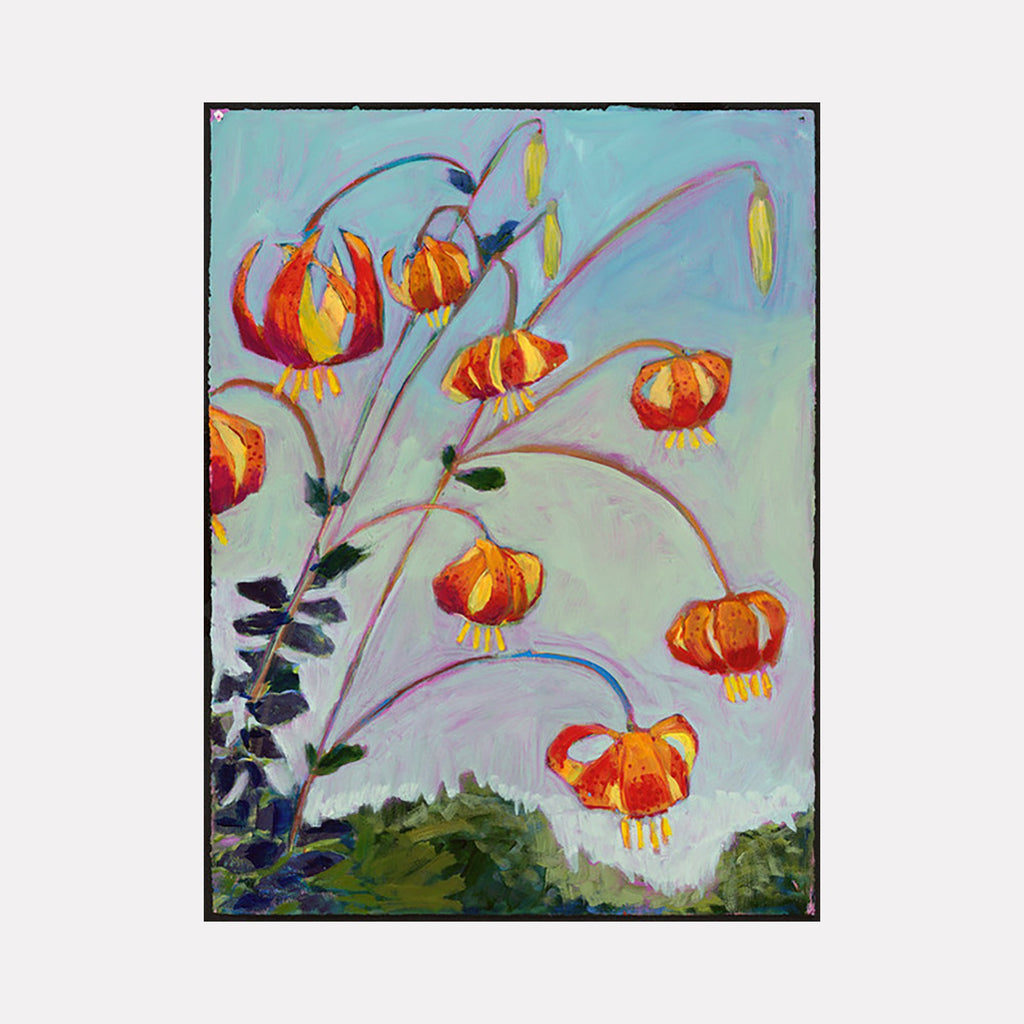 The artwork 'Lilies' by Cristi Lyon features vibrant orange tiger lilies with gracefully arching stems against a soft turquoise and mint green background. The oil painting captures eight blooming flowers with curved petals, deep purple foliage, and delicate stems, creating a dynamic composition on paper. 30x22 inches, oil on paper by Cristi Lyon.