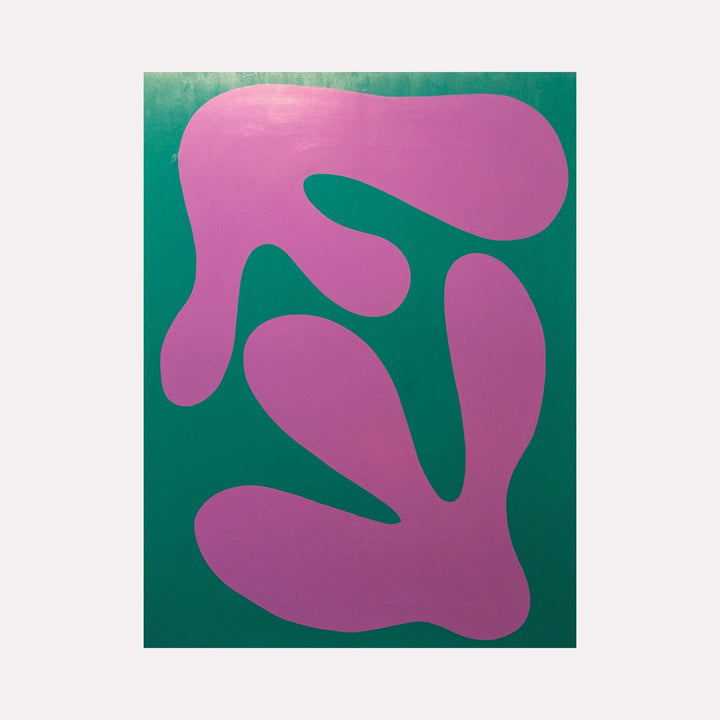 The artwork 'MONSTERA I' by Shadia Sabagh features bold organic shapes in vibrant magenta against a deep emerald green background. The abstract composition evokes the flowing curves of monstera leaves, rendered in a minimalist style with smooth acrylic paint on wood, measuring 36 by 48 inches.