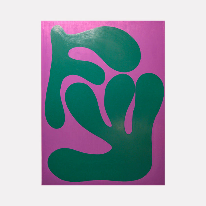 The artwork 'MONSTERA II' by Shadia Sabagh features bold organic shapes in deep emerald green against a vibrant magenta background. The abstract composition evokes the distinctive holes and curves of a monstera leaf, rendered in a minimalist style with clean edges. Acrylic on wood, the painting combines contemporary design with botanical inspiration.