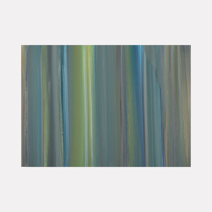 The artwork 'Navigation 6' by Willy Bo Richardson features vertical brushstrokes in a harmonious blend of teal, sage green, and steel blue tones. The oil on paper painting creates a sense of fluid movement through parallel striations, with gentle color transitions and subtle texture variations that evoke a serene, aquatic atmosphere. By Willy Bo Richardson.