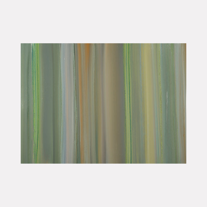 The artwork 'Navigation 7' by Willy Bo Richardson features vertical brushstrokes in muted sage green, soft beige, and pale yellow tones. Oil paint on paper creates subtle blending effects, with translucent layers forming gentle transitions between colors. Thin bright green lines add rhythmic accents to the serene abstract composition.