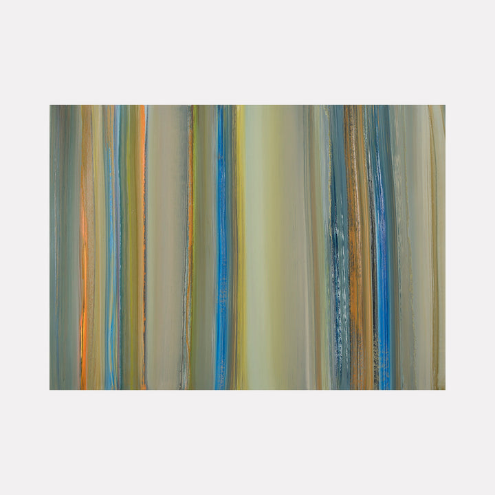 The artwork 'Navigation 8' by Willy Bo Richardson features vertical brushstrokes in a harmonious blend of turquoise blue, warm orange, and soft sage green tones. Fluid oil paint strokes create a rhythmic pattern of parallel lines, suggesting movement and depth across the paper. The composition evokes a sense of natural flow and atmospheric gradient.