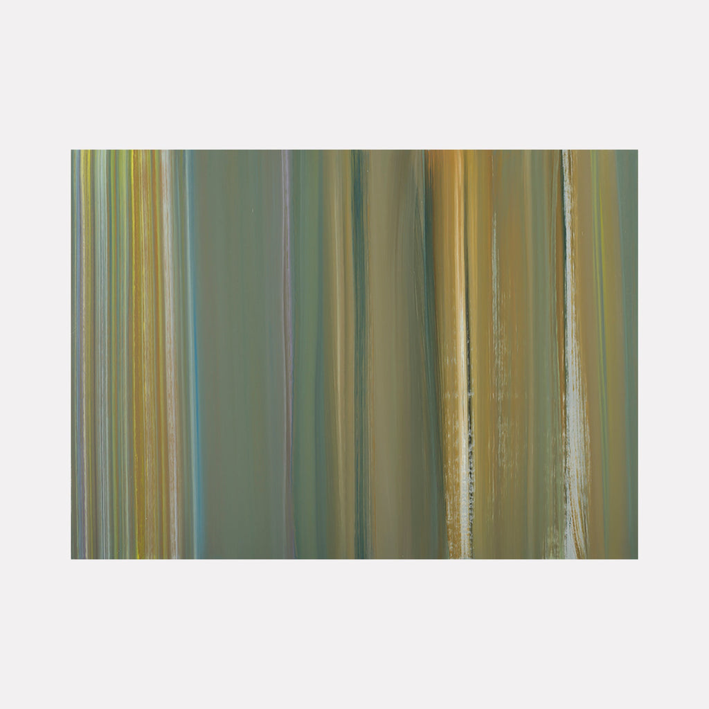 The artwork 'Navigation 9' features vertical brushstrokes in a harmonious blend of sage green, golden yellow, and soft turquoise tones. Abstract oil painting on paper showcasing fluid striations and gentle color transitions, creating a meditative atmosphere through parallel lines and subtle gradients. By Willy Bo Richardson.