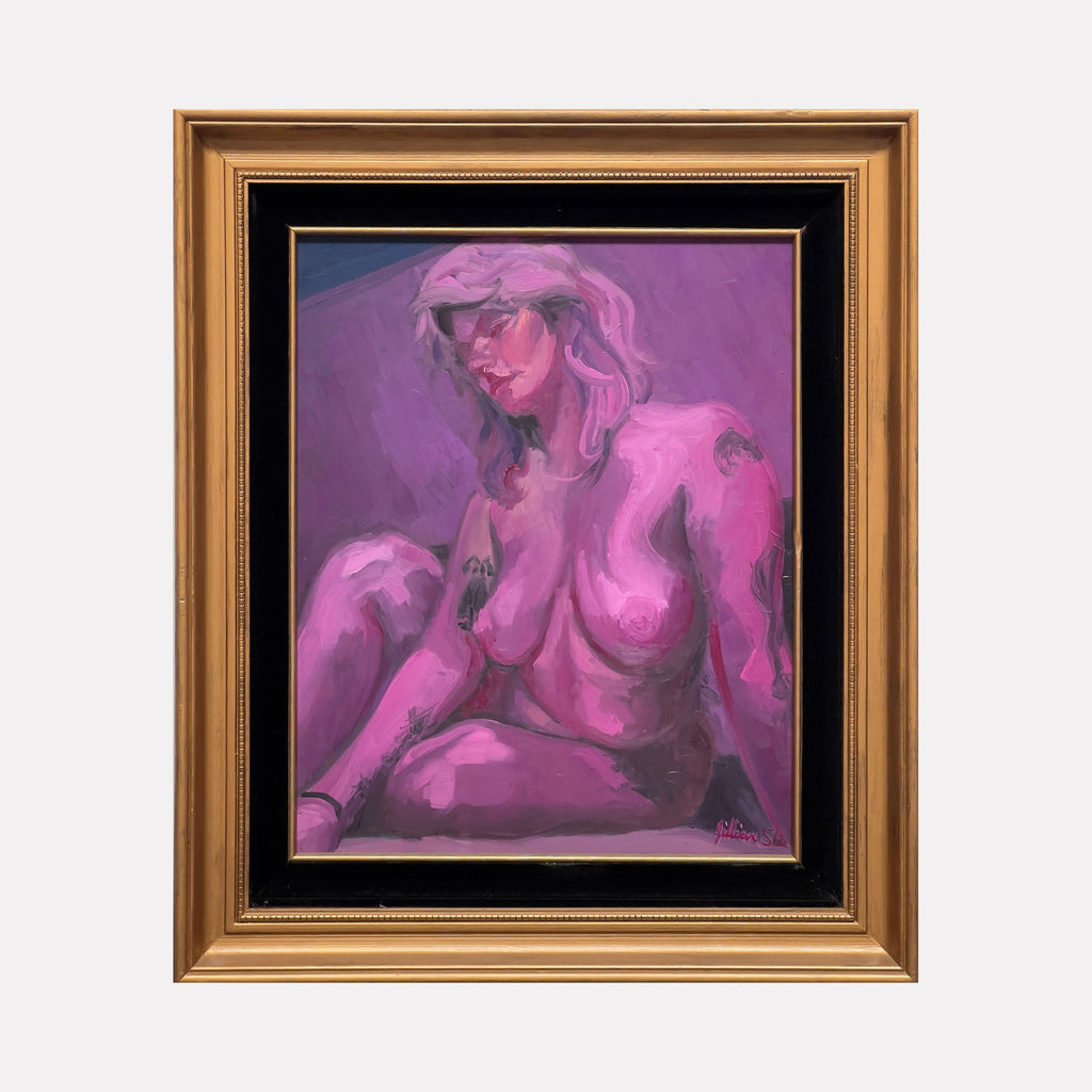 The artwork 'Nude in Purple' by Jillian Shea features an artistic figure study rendered in vibrant purple and pink hues. The oil painting presents an abstract expression of form, with flowing brushstrokes creating a dreamlike atmosphere. Set in a gold vintage frame with black matting, the 33x27 inch canvas demonstrates masterful use of monochromatic color palette. By Jillian Shea.