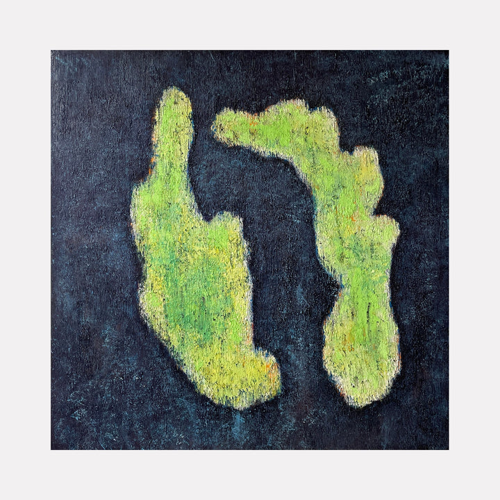 The artwork 'numero 54' by Roberto A Godinez features two abstract lime-green shapes floating on a deep charcoal background. The organic forms have a textured, painterly quality with varying shades of yellow-green and subtle blue undertones, created with expressive brushstrokes in oil on canvas. The composition creates a striking contrast between light and dark elements.